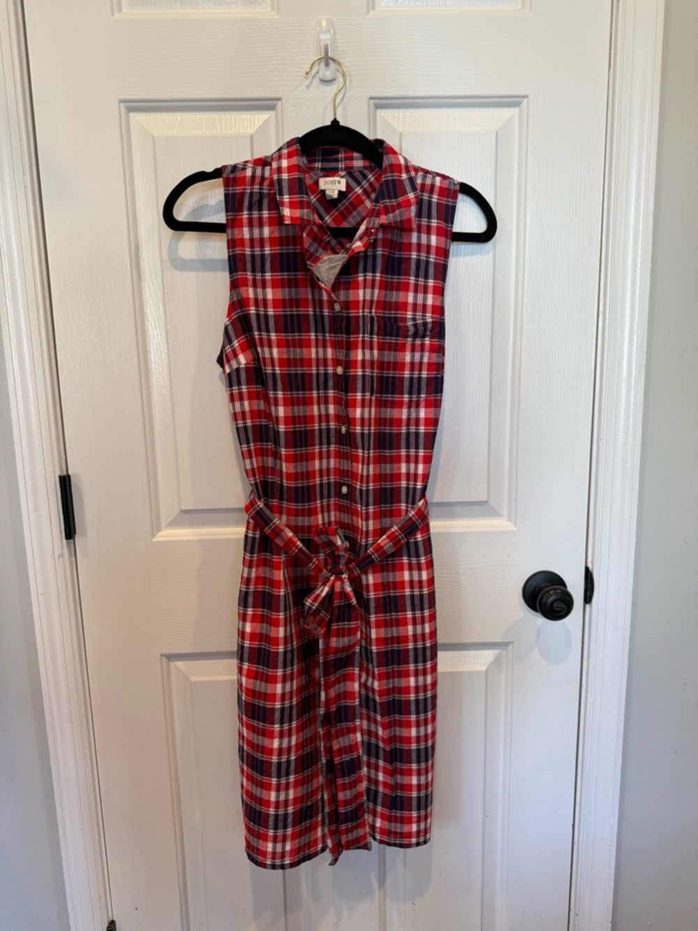 J. Crew Factory Red Plaid Sleeveless Shirt Dress with Tie Waist